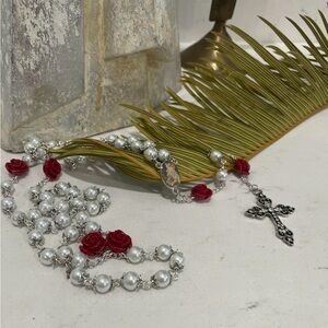 Pearl Red Rose Handmade Rosary - Silver
